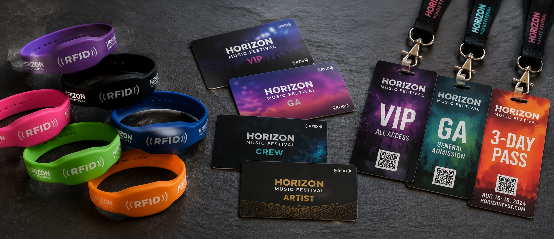 An array of custom RFID silicone wristbands, premium PVC smart cards, and printed laminate event passes on slate surface An array of custom RFID silicone wristbands, premium PVC smart cards, and printed laminate event passes on slate surface